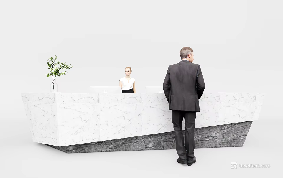 Elegant Modern Reception Desk Interior With Marble Counter Green Plant Staff And Visitor 3d model 