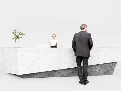 Elegant Modern Reception Desk Interior With Marble Counter Green Plant Staff And Visitor 3d model