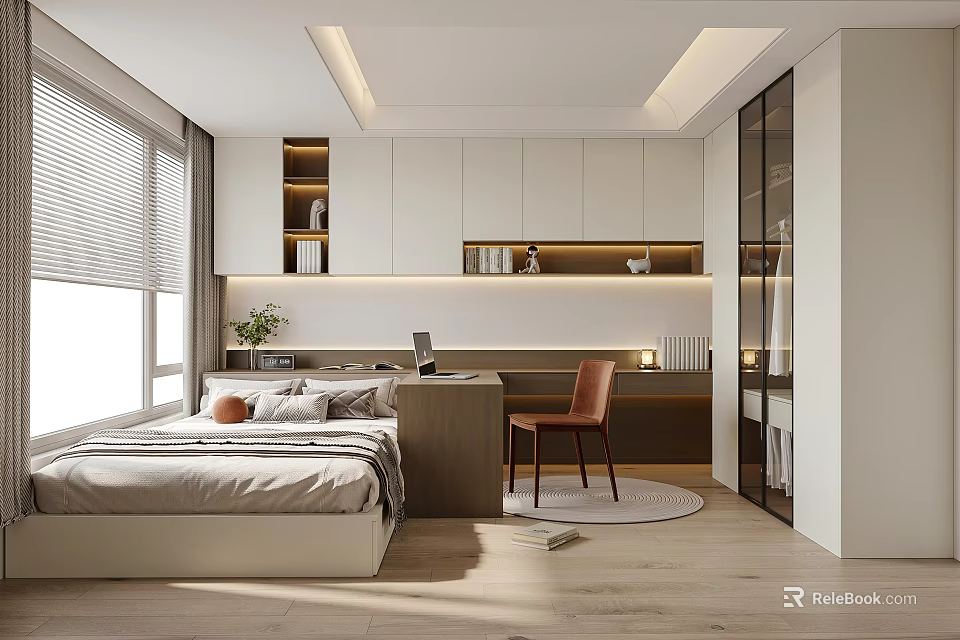 Tatami Bedroom Interior with Tatami Bed Wooden Desk Brown Chair Blind Windows and Storage Cabinets 3d model 
