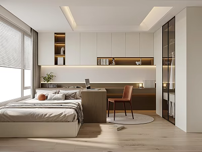 Tatami Bedroom Interior with Tatami Bed Wooden Desk Brown Chair Blind Windows and Storage Cabinets 3d model