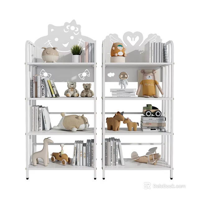 White Multi Layer Shelves with Books Stuffed Toys and Decorative Items 3d model 