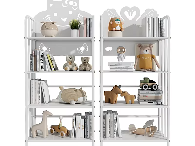 White Multi Layer Shelves with Books Stuffed Toys and Decorative Items 3d model