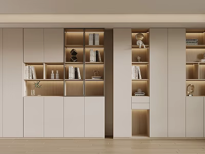 Modern Light Wood Bookcase With White Cabinets Books Decorations Multiple Compartments And Lighting Design 3d model