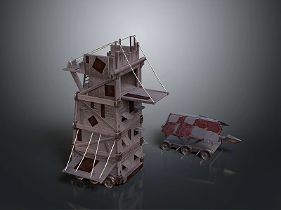 Ancient Wooden Siege Weapon With Multi Layer Structure And Wheeled Cart Design 3d model