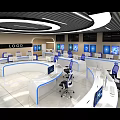 Modern Monitoring Room Interior With Curved Desks Blue Chairs And Screens