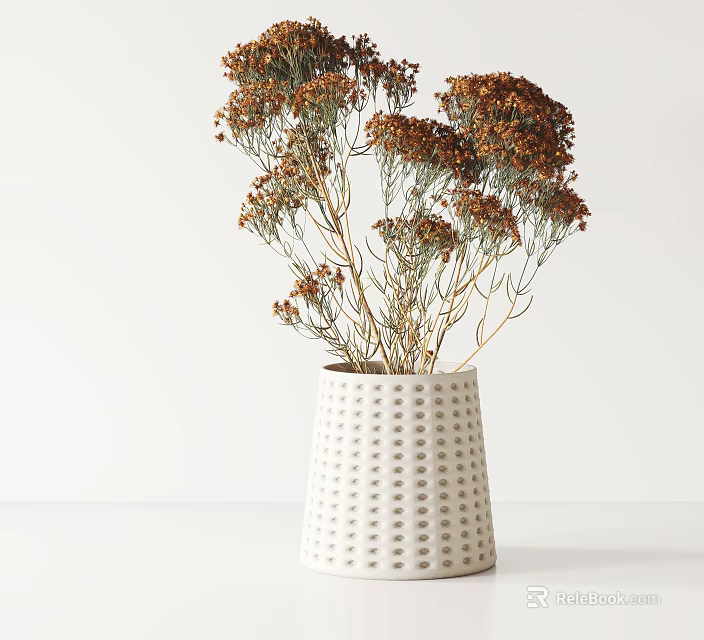 White Perforated Ceramic Vase With Dried Brown Flowers And Slender Stems 3d model