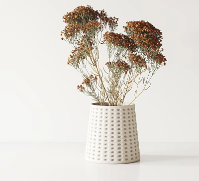 White Perforated Ceramic Vase With Dried Brown Flowers And Slender Stems 3d model