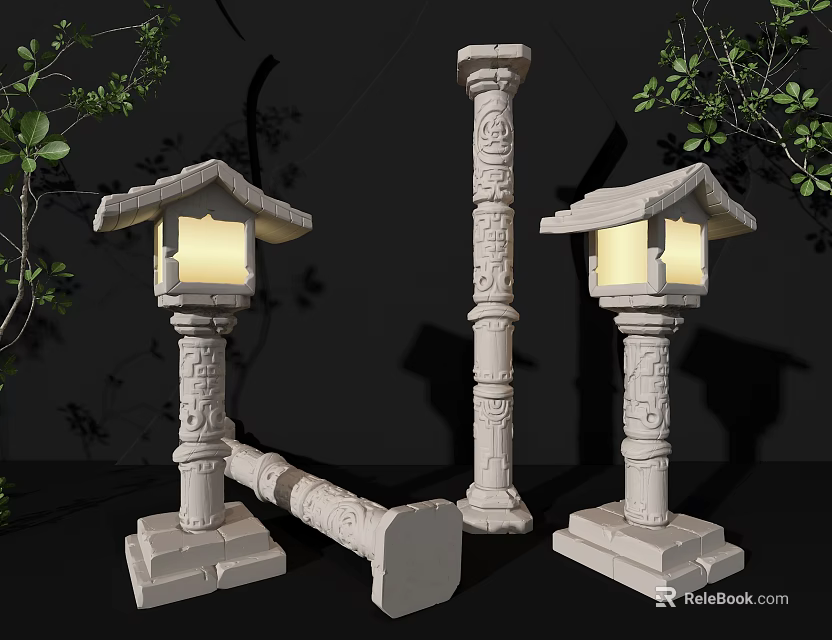 Traditional Stone Outdoor Lanterns With Carved Pillar Designs And Warm Light For Garden Decoration 3d model 