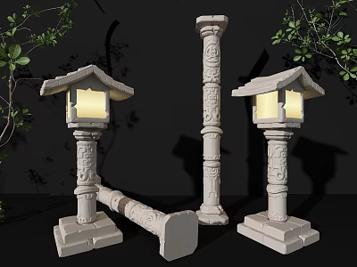 Traditional Stone Outdoor Lanterns With Carved Pillar Designs And Warm Light For Garden Decoration 3d model