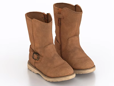 Brown Mid Calf Leather Boots with Zipper Metal Buckle for Casual Everyday Wear 3d model