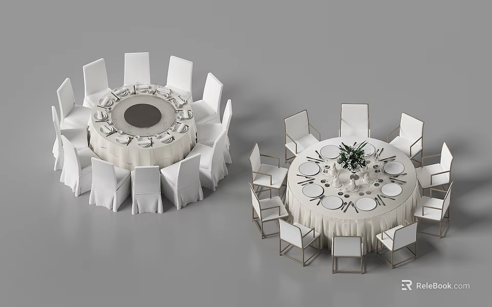 Elegant Round Dining Table And Chair Set With White Tablecloth And Centerpiece 3d model 