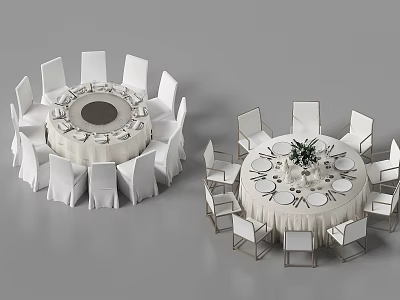 Elegant Round Dining Table And Chair Set With White Tablecloth And Centerpiece 3d model