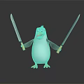 Cartoon Penguin Holding Two Knives Standing On Dark Surface With Happy Expression 3d model