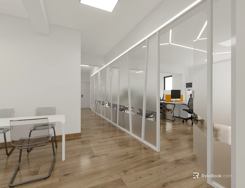 Bright Modern Public Office Space With Glass Partitions Wooden Flooring And Desks 3d model 