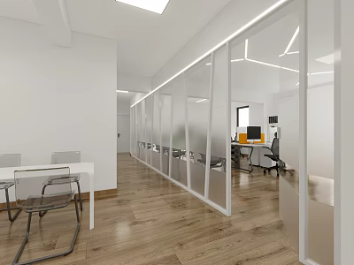 Bright Modern Public Office Space With Glass Partitions Wooden Flooring And Desks 3d model