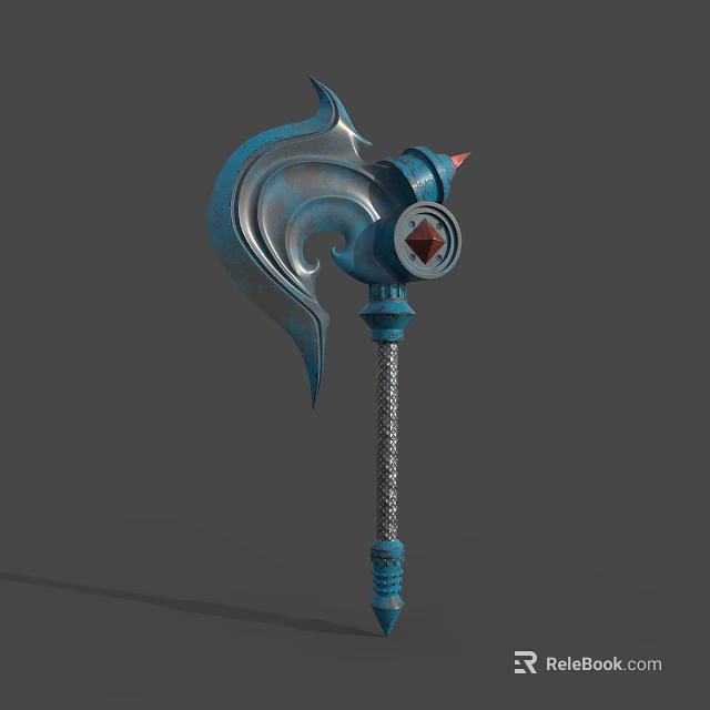 Ornate War Hammer With Blue Metal Spiral Design Red Gemstone And Chain Decoration 3d model 