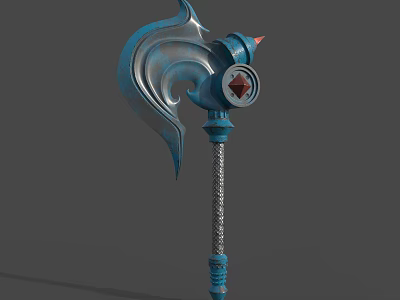 Ornate War Hammer With Blue Metal Spiral Design Red Gemstone And Chain Decoration 3d model