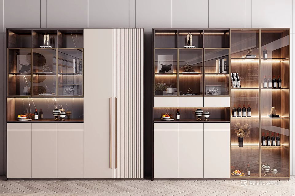 Elegant Modern Wine Cabinet With Glass Doors LED Lighting And Wine Bottles 3d model 