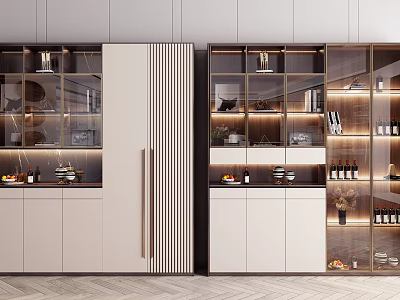 Elegant Modern Wine Cabinet With Glass Doors LED Lighting And Wine Bottles 3d model