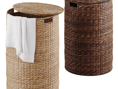 White Towel Hanging On Woven Laundry Basket Near Dark Brown Basket 3d model