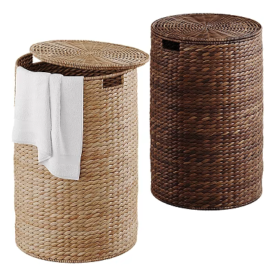 White Towel Hanging On Woven Laundry Basket Near Dark Brown Basket 3d model