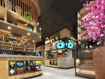 Modern Restaurant Interior With Wooden Shelves Green Plants Vases Black Ceiling Bar Counter Pink Flowers 3d model