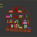 Indoor Scene Featuring Circular Wooden Bookshelf With Books Decorations And Drawers