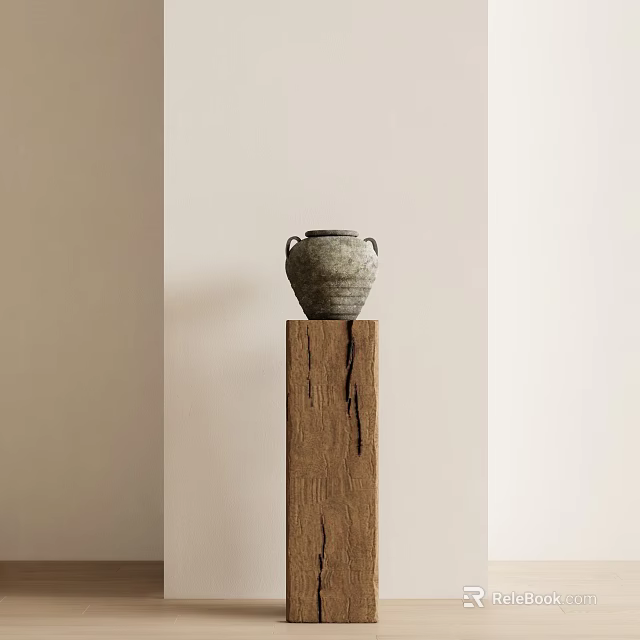 Decorative Vase Ornament Set Placed On Wooden Pillar Against Light Colored Wall 3d model 