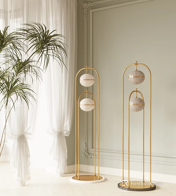 Modern Elegant Floor Lamp With Golden Frame And White Spherical Lampshade Near Plant And Curtain 3d model 