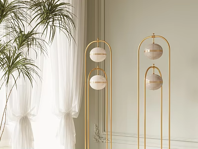 Modern Elegant Floor Lamp With Golden Frame And White Spherical Lampshade Near Plant And Curtain 3d model