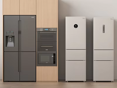 Modern Kitchen Interior With Double Door Refrigerator Water Dispenser Upright Freezers And Built in Oven 3d model