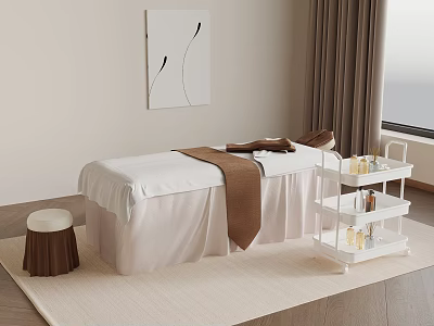 Serene Massage Room Setup With White Table Brown Towel And Skincare Shelf 3d model