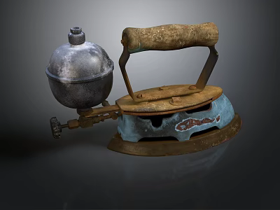 Vintage Electric Iron With Antique Metal Body And Rustic Wooden Handle 3d model