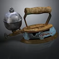 Vintage Electric Iron With Antique Metal Body And Rustic Wooden Handle