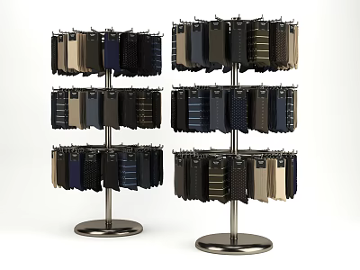 Rotating Display Racks Showcasing Various Colored Ties On Metal Stands For Retail 3d model