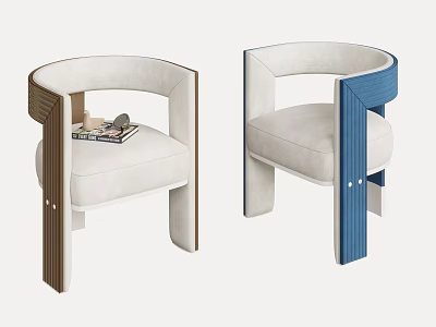 Modern Dining Chairs With Curved Backrest White Fabric Seats Brown And Blue Frames And Magazines On Seat 3d model
