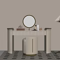 Elegant Modern Dressing Table With Round Mirror Stool Floor Lamp And Neutral Rug 3d model
