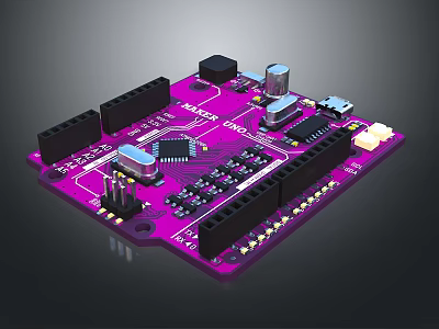 Purple Electronic Circuit Board With Integrated Circuits And Connectors For Devices 3d model