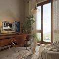Modern Study Room With Wooden Desk Chair Computer Monitor Large Green Plant Sofa And Blanket