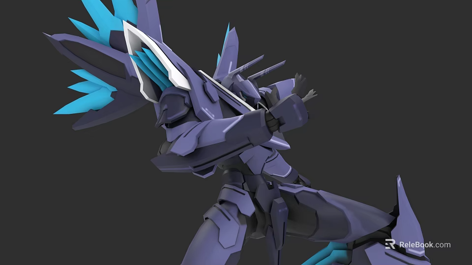 Game Movie Character Purple Blue Mecha With Sharp Armor And Blue Fins 3d model 