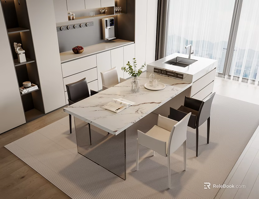 Modern Dining Table Set With Chairs Marble Tabletop Metal Frame In Open Kitchen White Cabinets 3d model 