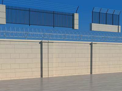 Security Metal Fence With Barbed Wire On Top Of Brick Wall Against Blue Sky 3d model