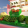 Pink Fruit Stall with Fresh Fruits Cloud Decor Side Table and Stools 3d model