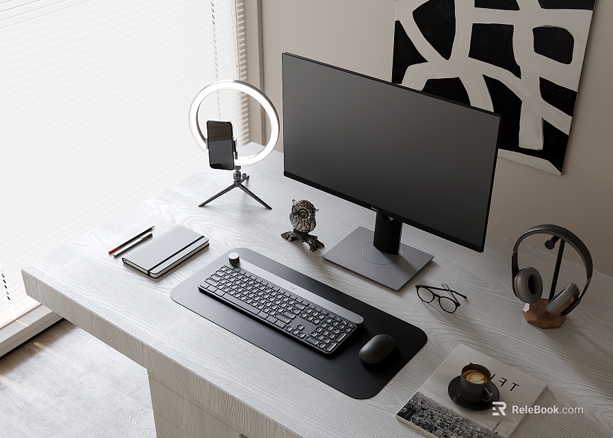 Modern Computer Workstation Setup With Monitor Keyboard Mouse Headphones And Notebook 3d model 
