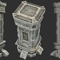 Two Carved Stone Pillars With Intricate Decorative Patterns And Vintage Textured Design
