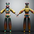 Detailed Character 3D Model Front And Back Views With Bun Hairstyle Yellow Jacket Striped Pants 3d model