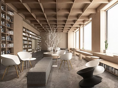 Book Art Reading Area With Wooden Ceiling Bookshelves And Large Windows 3d model
