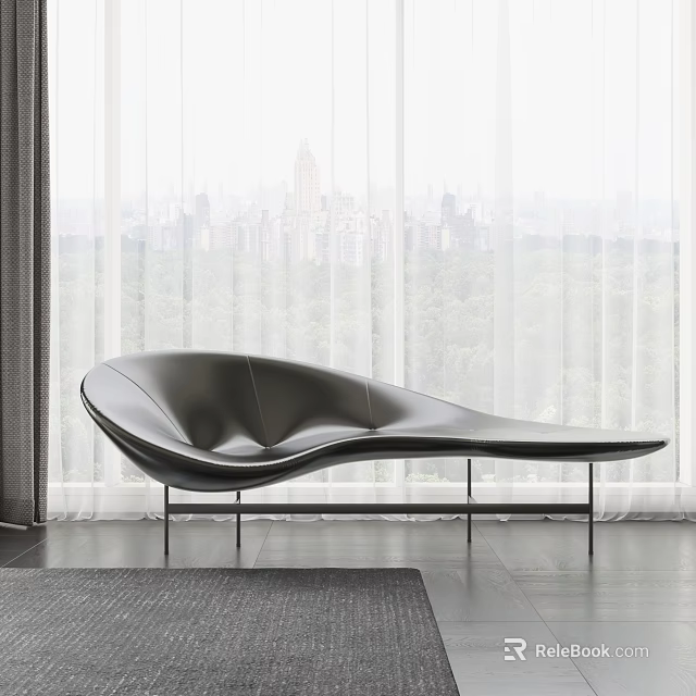 Black Leather Curved Sofa In Modern Interior With Large Windows And Green Park View 3d model 