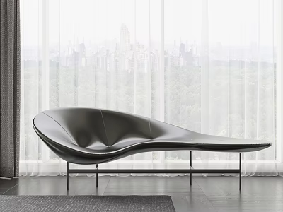 Black Leather Curved Sofa In Modern Interior With Large Windows And Green Park View 3d model