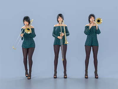 Three Women Playing Trombones in Green Outfits Isolated on Gray Studio Background 3d model